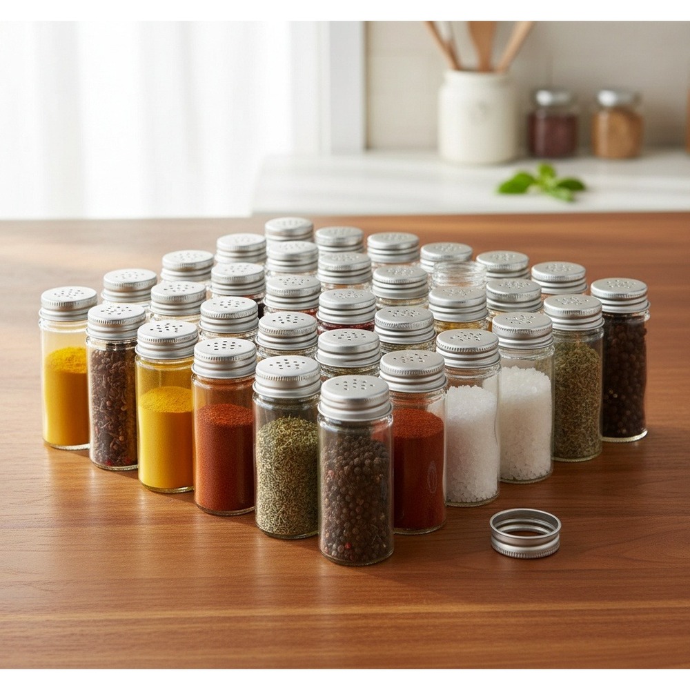 Clear Glass Spice Jars with Silver Metal Lids and Shaker Inserts 4oz Set 24pcs